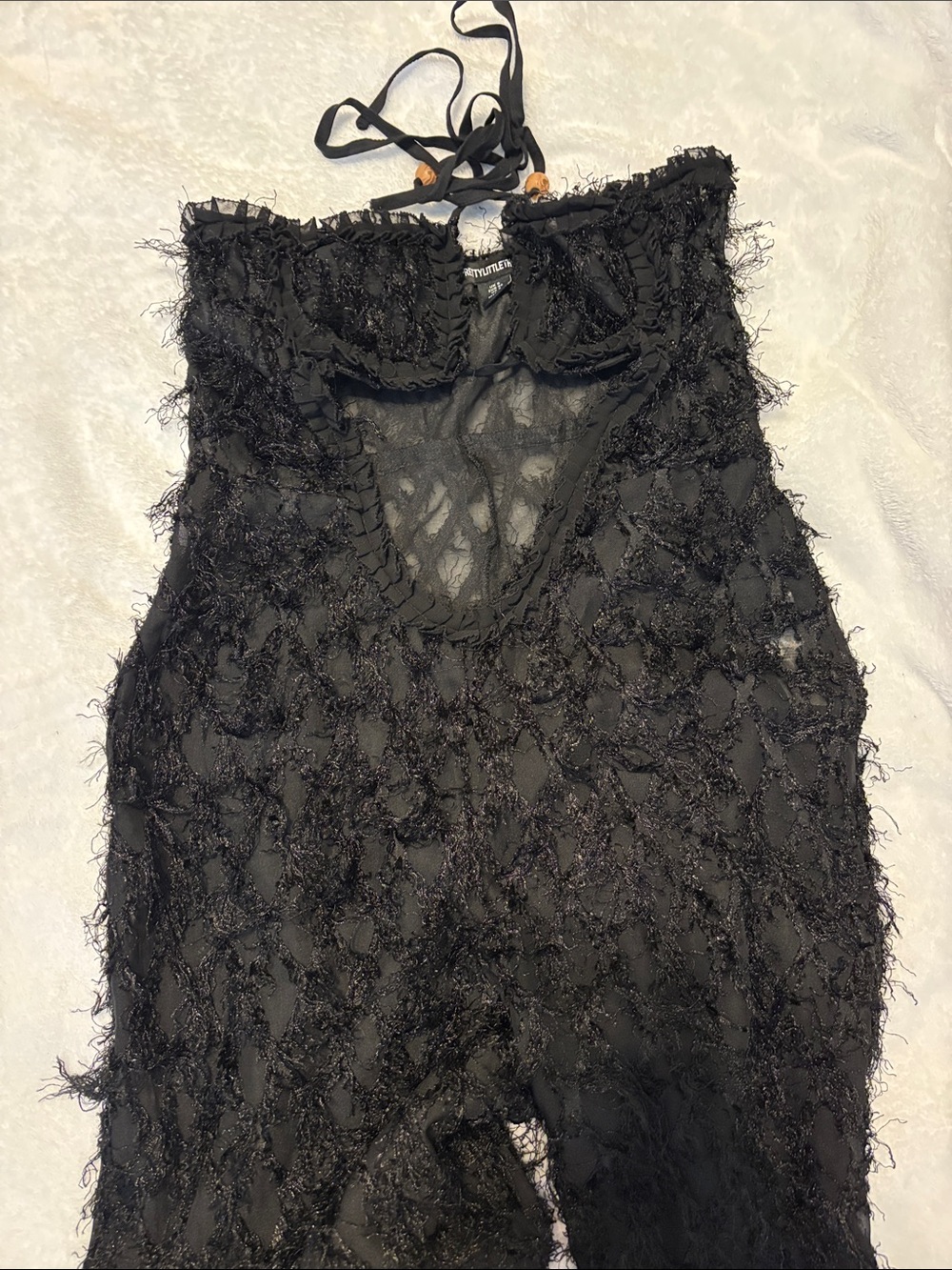 Sheer Black Fluff Textured Halter Jumpsuit Pantsuit